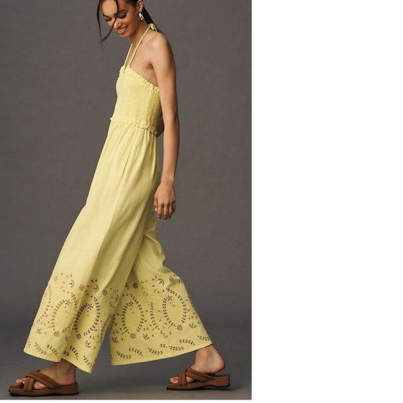 By Anthropologie Strapless Eyelet Jumpsuit new with tag size L chartreus… - Picture 3 of 7